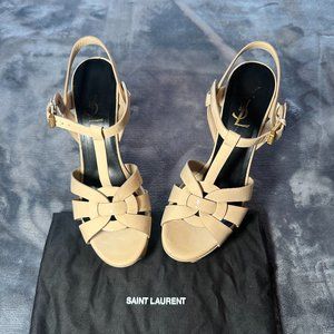 SAINT LAURENT YSL Tribute Platform Leather Sandal Nude Size 37.5, w/ Box & Bags